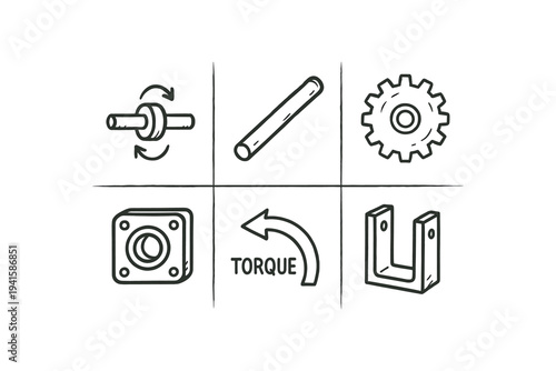 Simple monochrome engineering icons showing a rotating shaft, cylindrical rod, cog gear, bearing housing, torque arrow and u-bracket for technical illustrations.