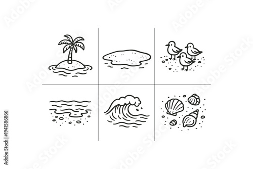 Six small black line icons in a grid showing an island, sand patch, shore birds, shoreline, breaking wave, and scattered shells for beach or summer designs.