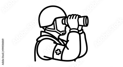 Medic Soldier with Binoculars, Military Medical Personnel Observing Distant Scene