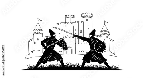 Medieval duel between two warriors in front of a castle, black and white illustration