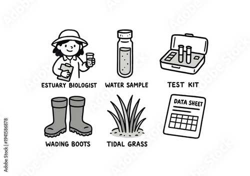 Six friendly hand-drawn icons for estuary or fieldwork: an estuary biologist, water sample vial, test kit case, wading boots, tidal grass clump, and a data sheet for environmental science use.