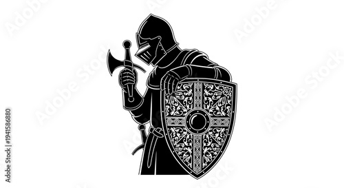 Medieval Knight Warrior with Axe and Shield, Silhouette, Historical Warrior Illustration