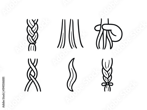 Six black line icons of hair elements: braided plaits, loose strands, a hand holding hair, and styled braid — for beauty, salon, or tutorial graphics.