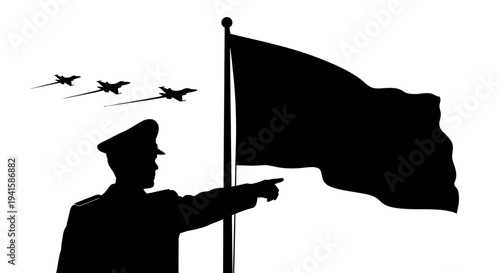 Military leader pointing, flag waving, fighter jets flying, symbolizing command, power, and air force.