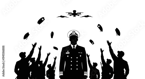 Military Leader with Drones and Soldiers Celebrating Victory