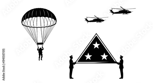Military Parachutist Jumps, Helicopters Fly, Soldiers Fold Flag, Symbolizing Freedom and Patriotism