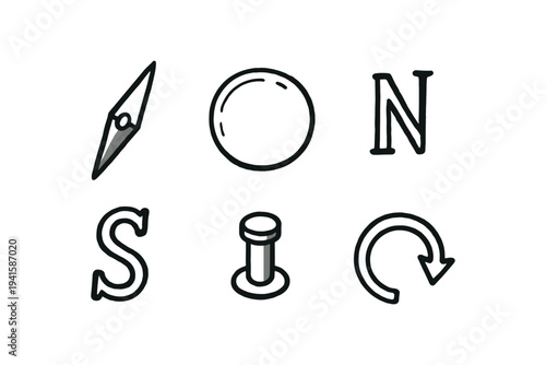 Hand-drawn style line icons of a compass needle, circular target, north letter, letter s, location pin post, and reload or rotate arrow for navigation and map interfaces.