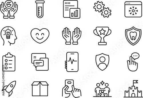 Professional business and technology vector icon set with clean line art representing concepts like innovation, healthcare, security, and growth.