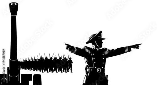 Military parade, soldier directing troops and artillery, black and white silhouette