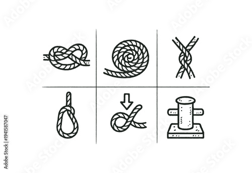 Line icons of various rope knots, coiled rope, noose, tying instruction arrow, and mooring cleat useful for sailing manuals, guides, or instructional graphics.