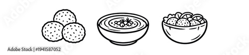 Three hand-drawn black outline food icons: a cluster of round meatballs, a soup bowl with garnish, and a bowl filled with bite-sized pieces; playful simple style for menus or food apps.