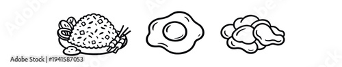 Three monochrome line-art food icons: a bowl of rice with chopsticks, a fried egg, and a cluster of dumplings, drawn as clean black outlines on white.