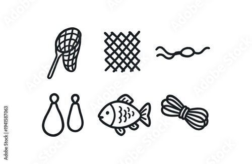 Minimal line icons of a landing net, mesh, float, hooks, fish, and coiled rope designed for fishing, outdoor, and sport illustrations.