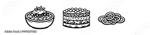 Three simple black stroke icons showing a bowl of grains or porridge, a stacked sandwich or burger, and a nest of noodles for food menus or ui use.