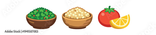 Three bright flat icons: a bowl of chopped green herbs, a bowl of pale grains (couscous or bulgur), and a tomato with a lemon wedge for salads, sides, or garnish artwork.