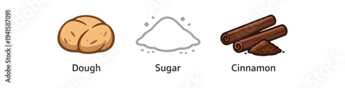Colorful simple icons of dough, a sugar pile, and cinnamon sticks labeled for use in recipes, packaging, or food-related designs.