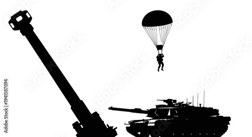 Military Paratrooper Descends Near Artillery Cannon and Tank Silhouette