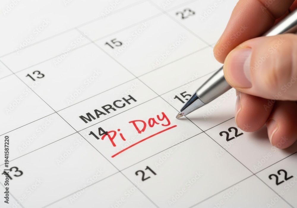 © MDABDULKADIR - Hand writing pi day on a calendar with a silver pen on isolated white background