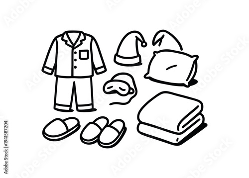 Black line icons of bedtime essentials — pajama top and bottoms, nightcap, eyemask, pillow, folded blanket, and pairs of slippers arranged as a simple sleep set.