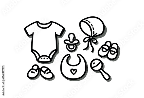 Cute black outline icons of baby items — onesie, bonnet, pacifier, bib, booties and rattle — created as a coordinated set for baby product or nursery design.