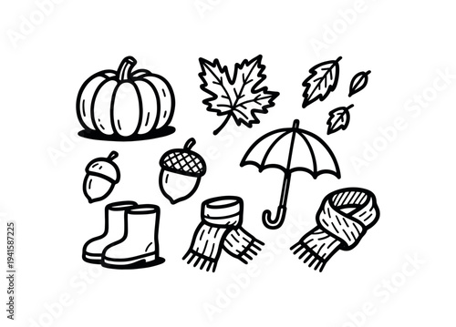Autumn fall icon collection with pumpkin, maple leaves, acorns, umbrella, boots and scarves flat vector icon