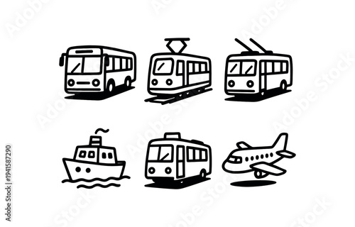 Black line doodle icons of common transport vehicles — bus, tram, trolleybus, ferry, rail car and airplane — arranged as a set for transit or travel interface use.