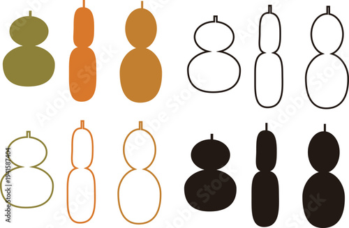 Japanese gourd illustration set, line art, silhouette and color variations