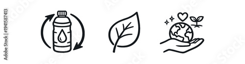 Three simple black outline icons: a bottle with recycle arrows, a single leaf, and a hand holding the earth with a heart and sprout — clean eco and sustainability symbols for ui or signage.