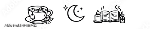 Black line icons showing a teacup with tea bag, a moon with stars, and candles beside an open book—designed for sleep, relaxation, and evening rituals.