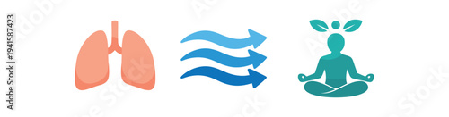 Colorful flat icons showing lungs, blue directional air arrows, and a meditating figure with leaf elements for breathwork and mindfulness visuals.