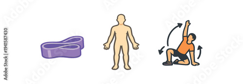 Three fitness icons: a purple resistance band, a nude torso silhouette, and a person doing a seated side stretch, for workout or therapy visuals.