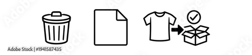 Three black outline icons: a trash can, a single blank sheet of paper, and a shirt being packed into a checked box suggesting returns or order fulfillment.