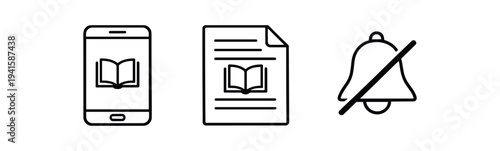 Three simple black line icons: a smartphone showing an open book, a page with a book symbol, and a muted bell for reading app ui and notification settings.