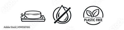 Simple black line icons showing a soap bar on a tray, a droplet crossed out, and a plastic free circular badge — suited for eco-friendly product packaging and labels.