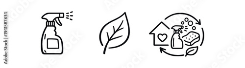 Black line icons of a spray cleaner, a single leaf, and a circular home cleaning scene with bottle, sponge, and arrows — ideal for green cleaning products and sustainable home care graphics.