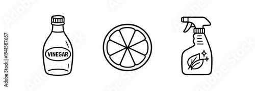 Three simple line icons: a vinegar bottle, a sliced citrus wedge, and a spray bottle with leaf emblem — used for green cleaning tips, recipes, or eco product labels.