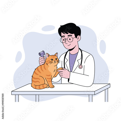 Adorable orange tabby cat receiving a gentle examination from a friendly veterinarian doctor holding an otoscope illustration for animal care concepts