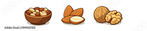 Colorful cartoon-style food icons of a bowl of mixed nuts, a pair of whole and halved almonds, and a walnut with its kernel — ideal for nutrition labels, snack packaging, or recipe art.