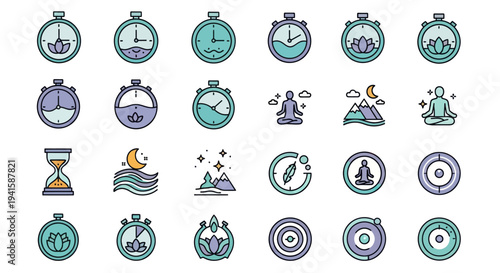 Flat design icon set featuring time meditation nature and target symbols.