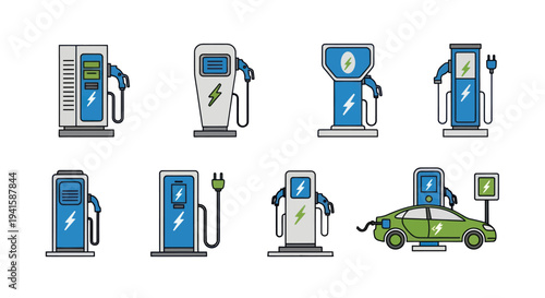 Collection of Electric Vehicle Charging Stations and Green Car.