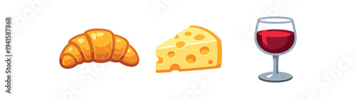 Colorful cartoon-style food icons showing a golden croissant, a swiss-style cheese wedge, and a glass of red wine — playful food icons for menus, stickers, or social posts.