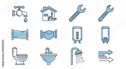 Collection of Plumbing and Bathroom Fixture Icons.