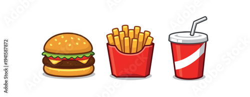 Bright cartoon fast food icons: a cheeseburger, a red carton of fries, and a striped soda cup with straw — fun elements for menus, posters, or food apps.