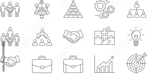 Set of 15 Business and Corporate Management Vector Icons Featuring Teamwork, Handshakes, Strategy, Growth, and Success Concepts for Web and Print isolated PNG with Transparent Background