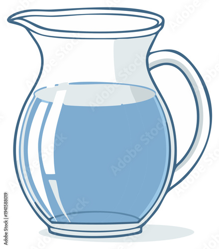 Illustrated pitcher of clear blue water, refreshment beverage in glass jug with handle, cartoon style drink service illustration