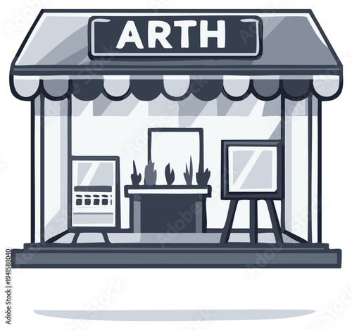 Art supply store shop storefront with display windows and signage