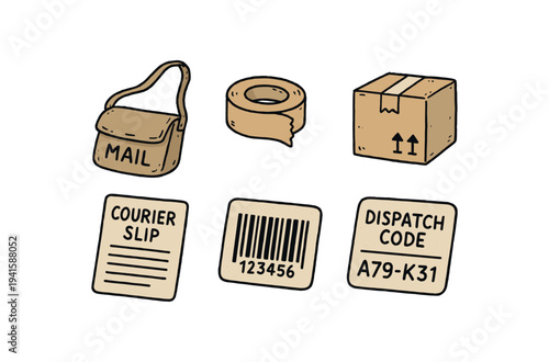 Colored hand-sketched icons of a mailbag, packing tape, cardboard box, courier slip, barcode and dispatch code badge for packaging design and delivery label artwork.
