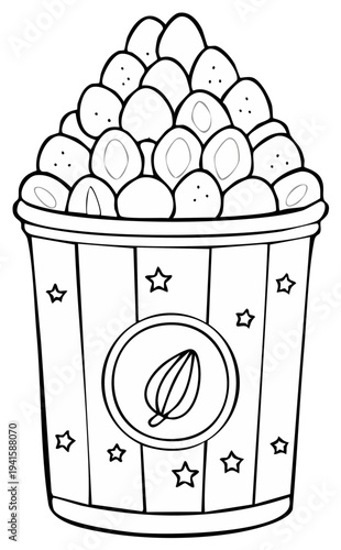 Black and White Line Art Illustration of Popcorn Bucket with Stars for Coloring and Decoration