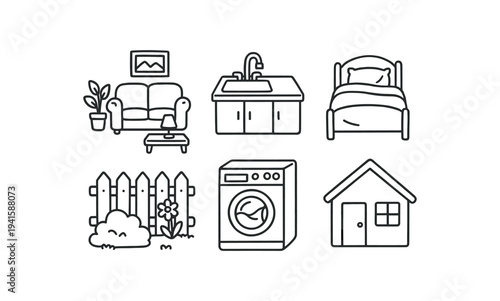 Six minimal black outline icons of common home rooms and appliances for user interfaces, apps, or website menus.