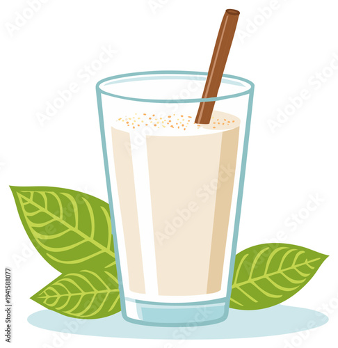 Refreshing Milk Drink with Cinnamon Stick and Green Leaves Still Life